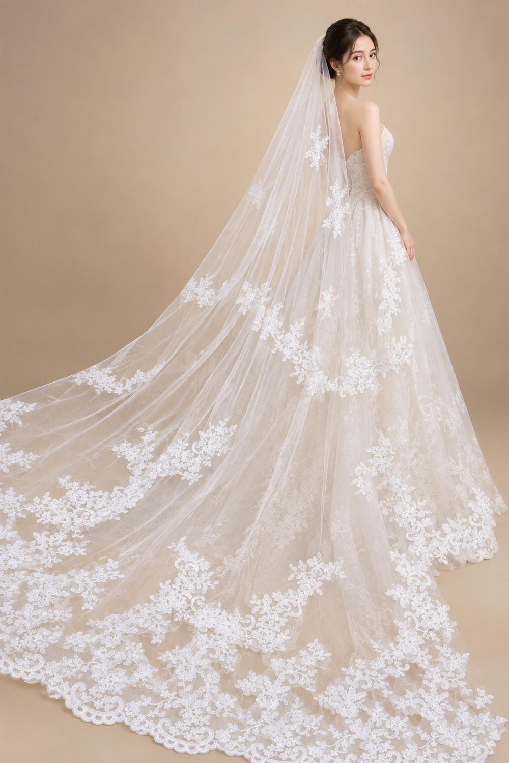 White Ivory Bridal Veil 3 m 4 m 5 m One Layer Wedding Veil With Comb Lace Bridal Veils Appliqued Cathedral Wedding Accessorie