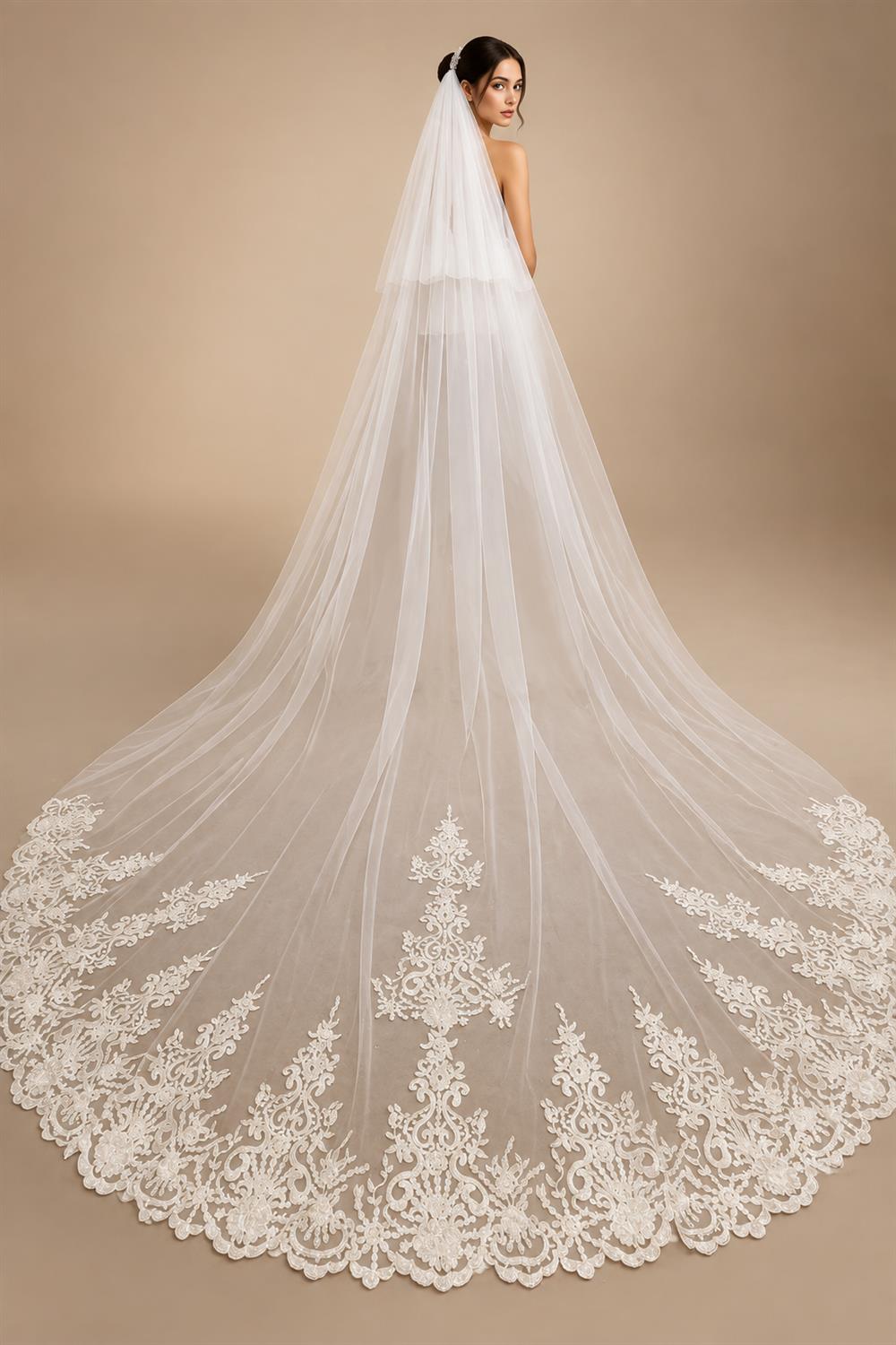 Customized Real Photos 2 T Long Lace Wedding Veil 4 Meters White Ivory Bridal Veil with Comb Blusher Bride Headpiece Accessories