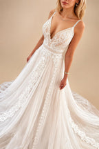 Custom Summer Boho A Line Wedding Dress With Lace V Neck