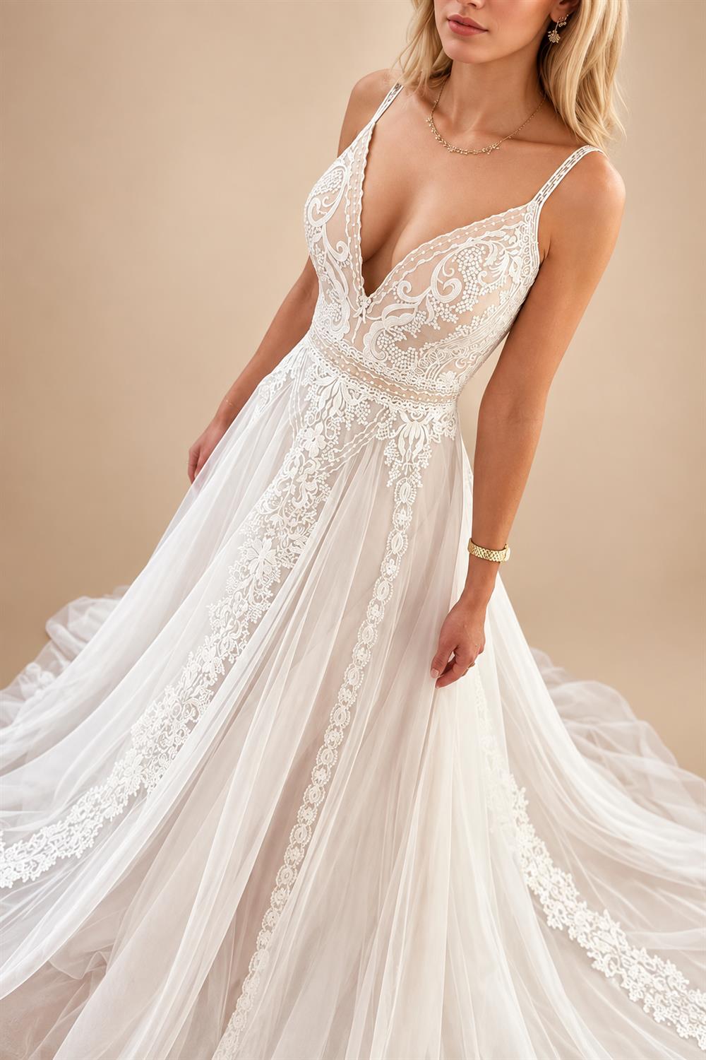Custom Summer Boho A Line Wedding Dress With Lace V Neck