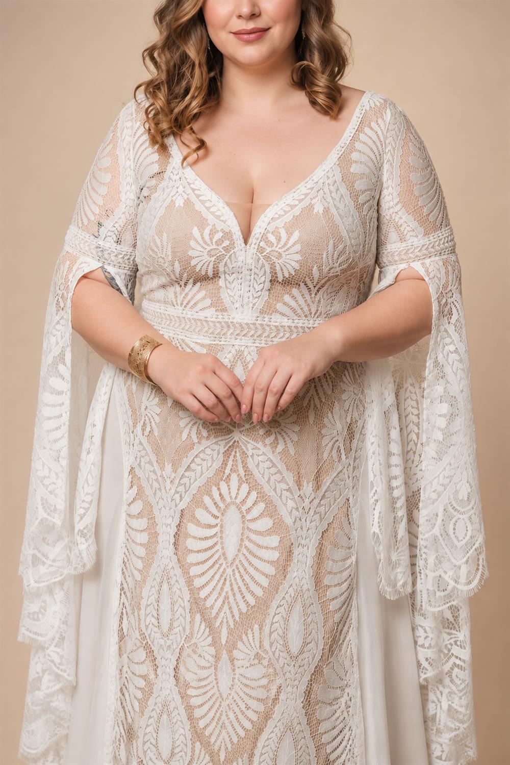 Bohemian Boho Wedding Dress Lace Chiffon Long Sleeve V Neck Plus Size Gown