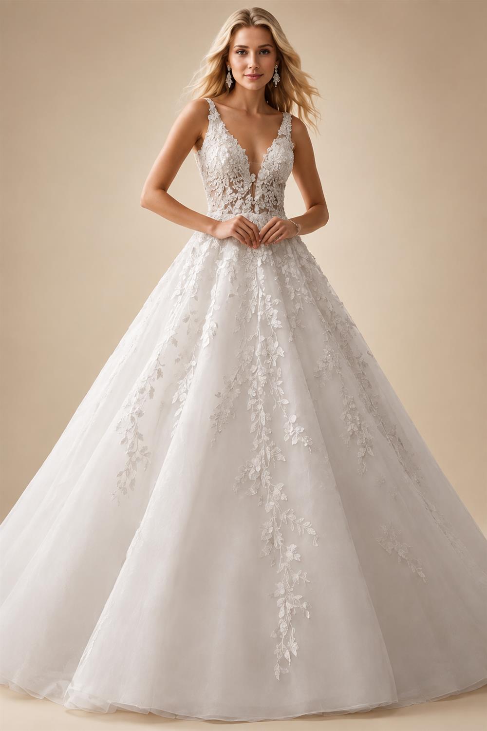 Custom Ivory Lace V Neck Sleeveless A Line Bridal Wedding Dress Boho Style
