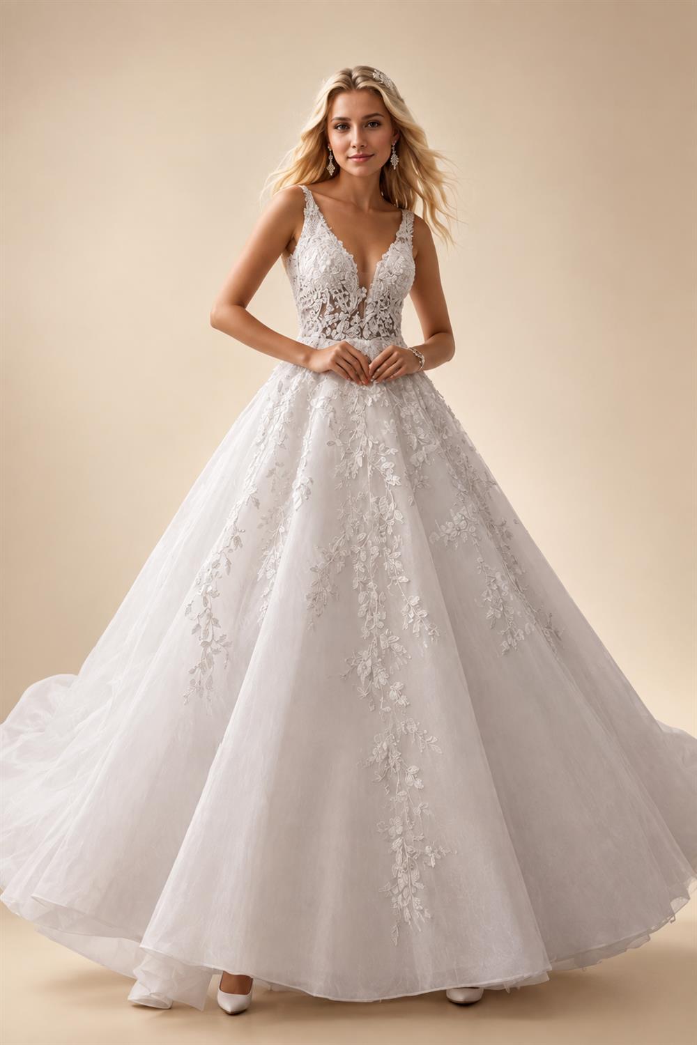 Custom Ivory Lace V Neck Sleeveless A Line Bridal Wedding Dress Boho Style