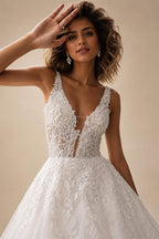 Custom Ivory Lace V Neck Sleeveless A Line Bridal Wedding Dress Boho Style