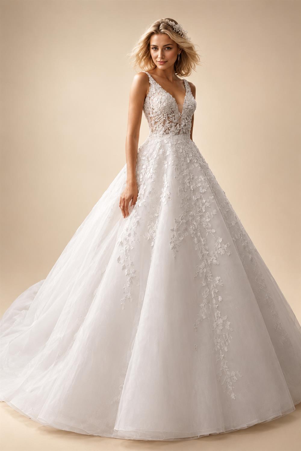 Custom Ivory Lace V Neck Sleeveless A Line Bridal Wedding Dress Boho Style