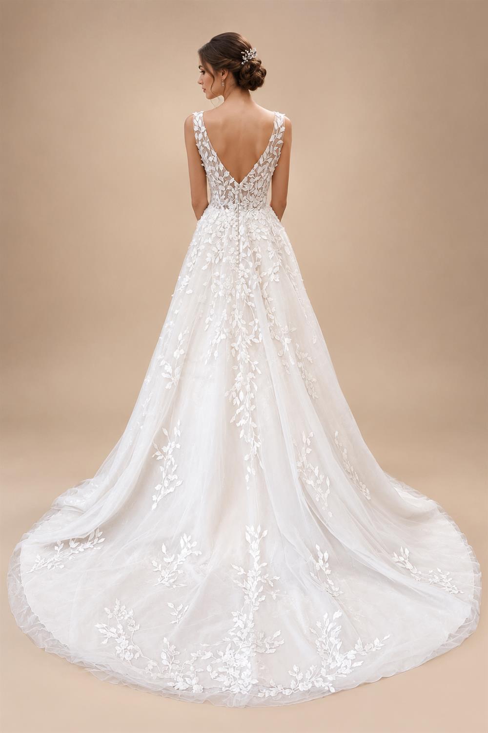 Custom V Neck Floral Lace Beach Wedding A Line Bridal Gown