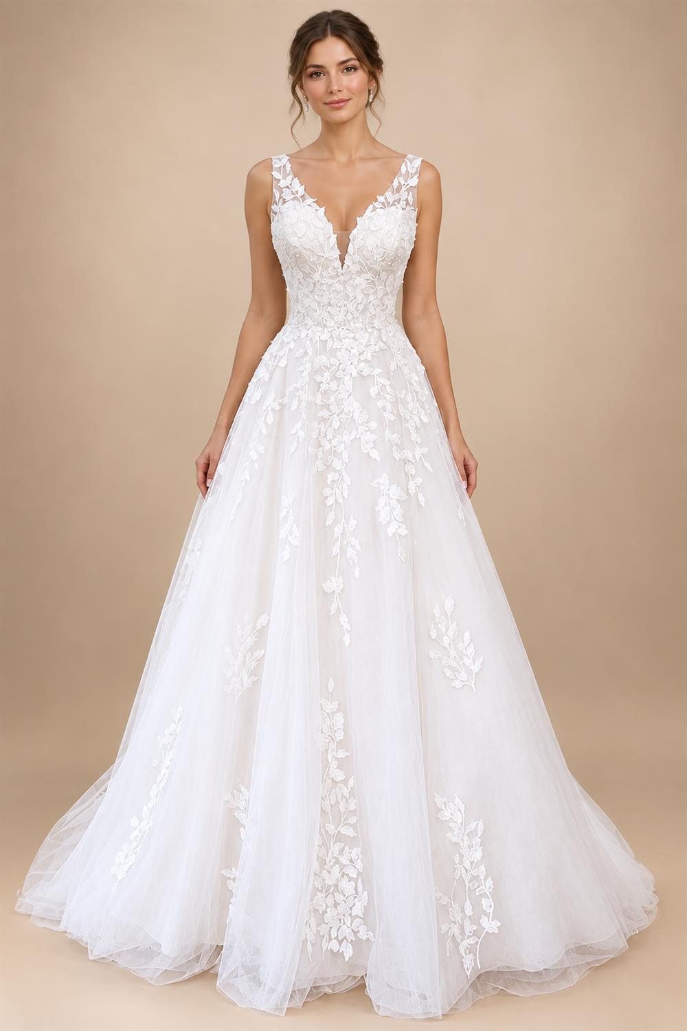 Custom V Neck Floral Lace Beach Wedding A Line Bridal Gown