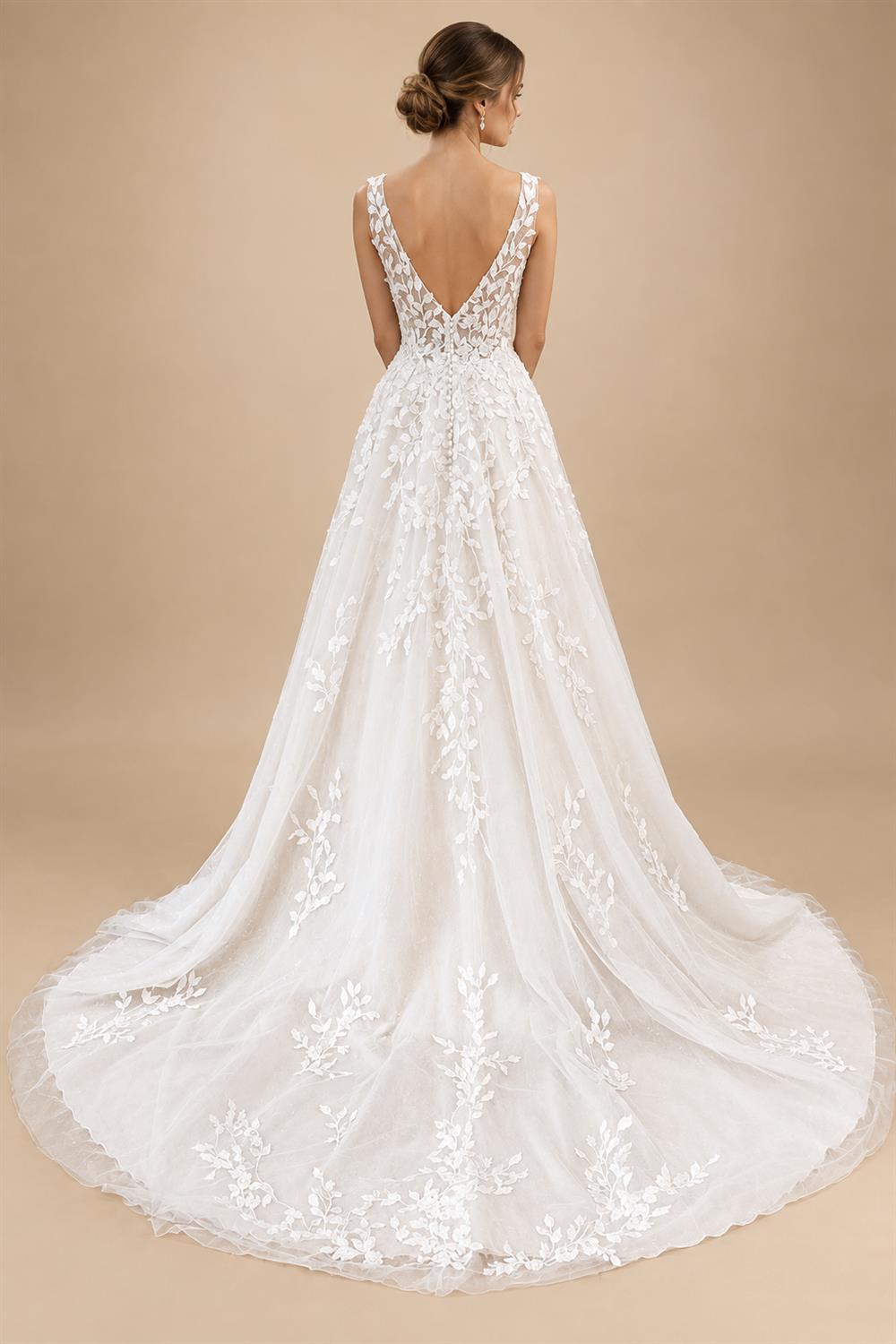 Custom V Neck Floral Lace Beach Wedding A Line Bridal Gown