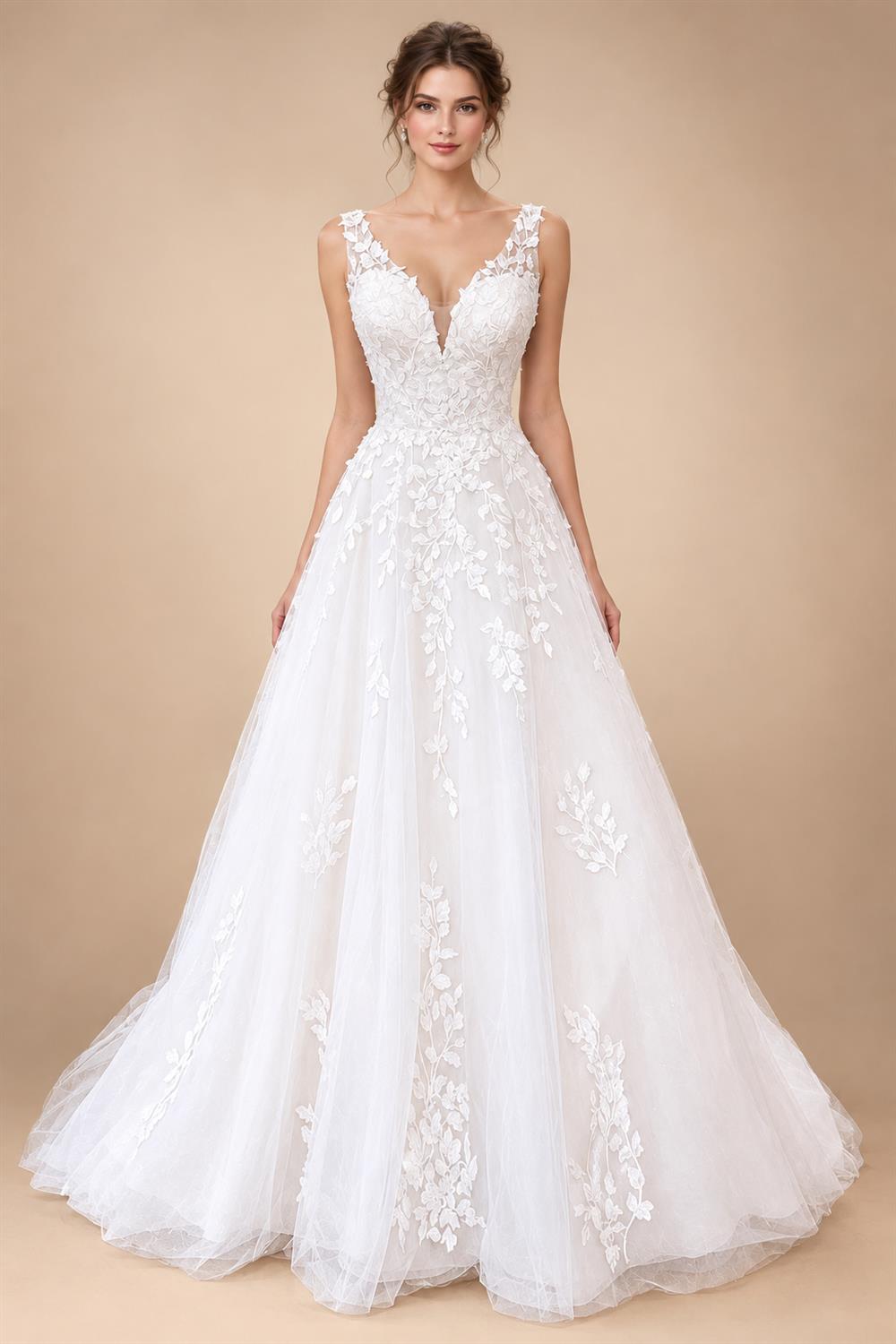 Custom V Neck Floral Lace Beach Wedding A Line Bridal Gown