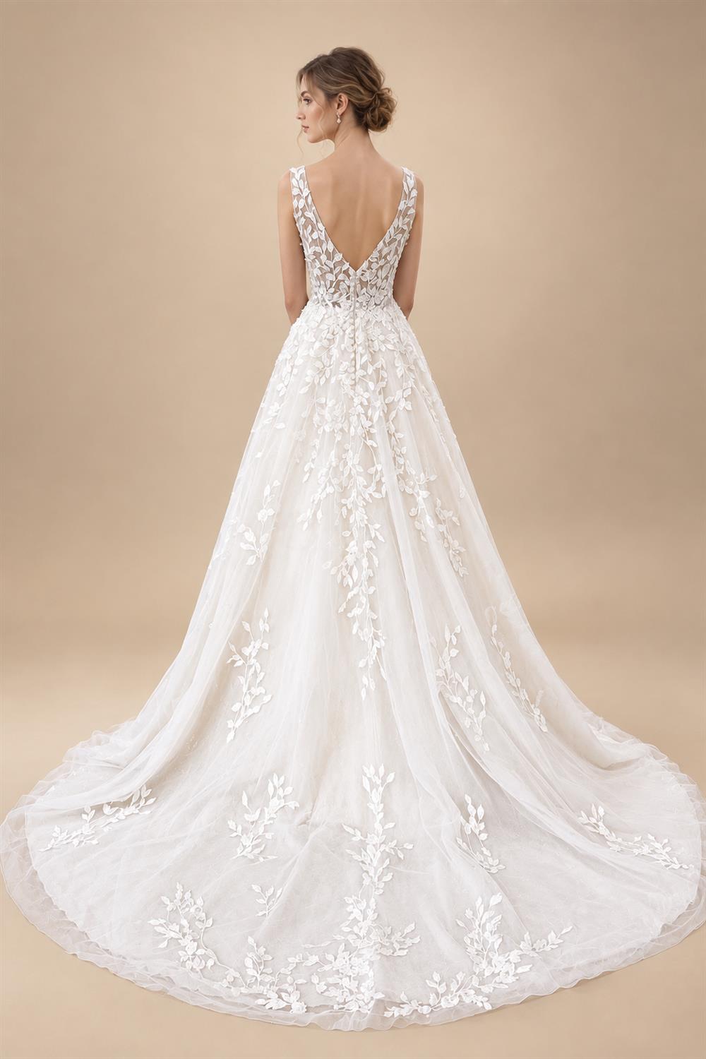 Custom V Neck Floral Lace Beach Wedding A Line Bridal Gown