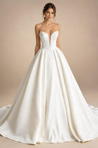 Customized Off Shoulder Crepe Satin A Line Floor Length Wedding Dress