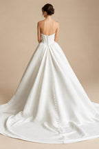 Customized Off Shoulder Crepe Satin A Line Floor Length Wedding Dress