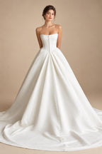Customized Off Shoulder Crepe Satin A Line Floor Length Wedding Dress