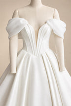 Customized Off Shoulder Crepe Satin A Line Floor Length Wedding Dress