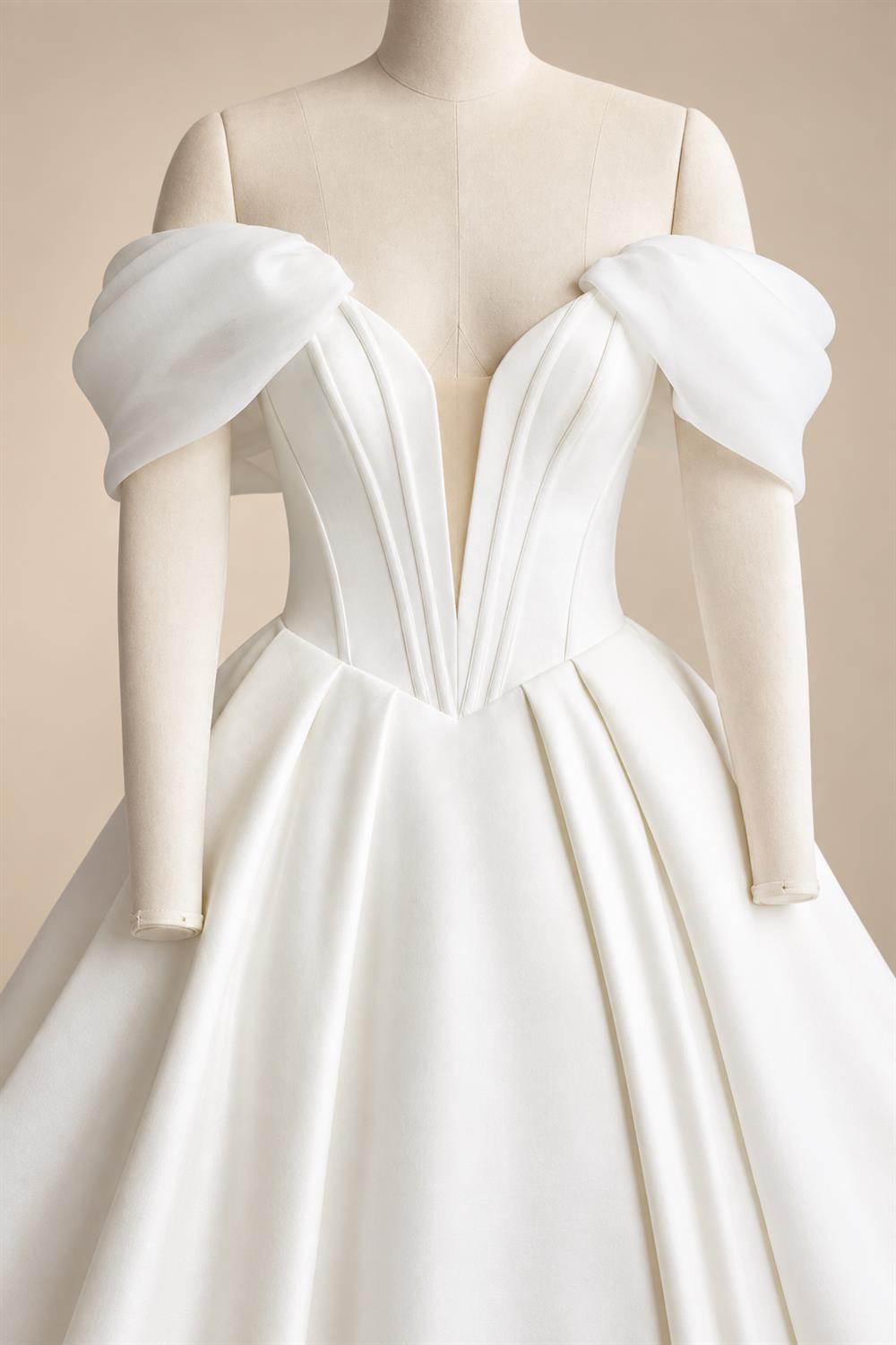 Customized Off Shoulder Crepe Satin A Line Floor Length Wedding Dress