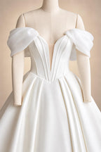 Customized Off Shoulder Crepe Satin A Line Floor Length Wedding Dress