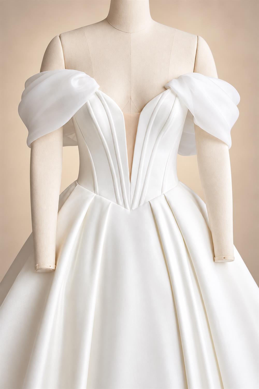 Customized Off Shoulder Crepe Satin A Line Floor Length Wedding Dress