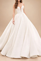 Customized Off Shoulder Crepe Satin A Line Floor Length Wedding Dress