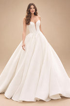 Customized Off Shoulder Crepe Satin A Line Floor Length Wedding Dress