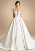 Customized Off Shoulder Crepe Satin A Line Floor Length Wedding Dress