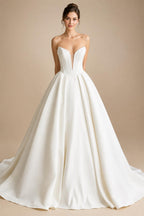 Customized Off Shoulder Crepe Satin A Line Floor Length Wedding Dress