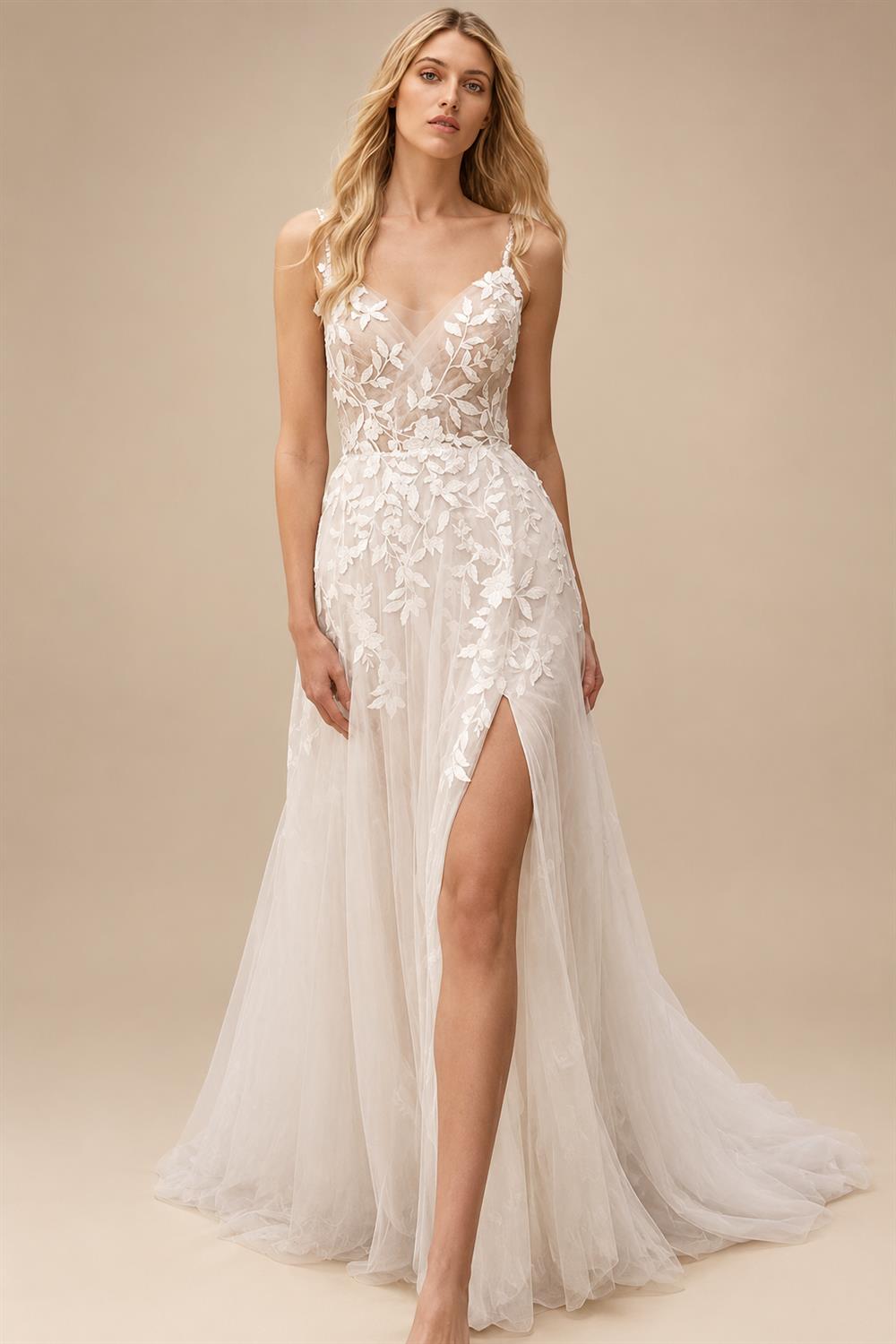 Summer V Neck Lace Appliques Wedding Dress With Side Split Spaghetti Straps