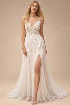 Summer V Neck Lace Appliques Wedding Dress With Side Split Spaghetti Straps
