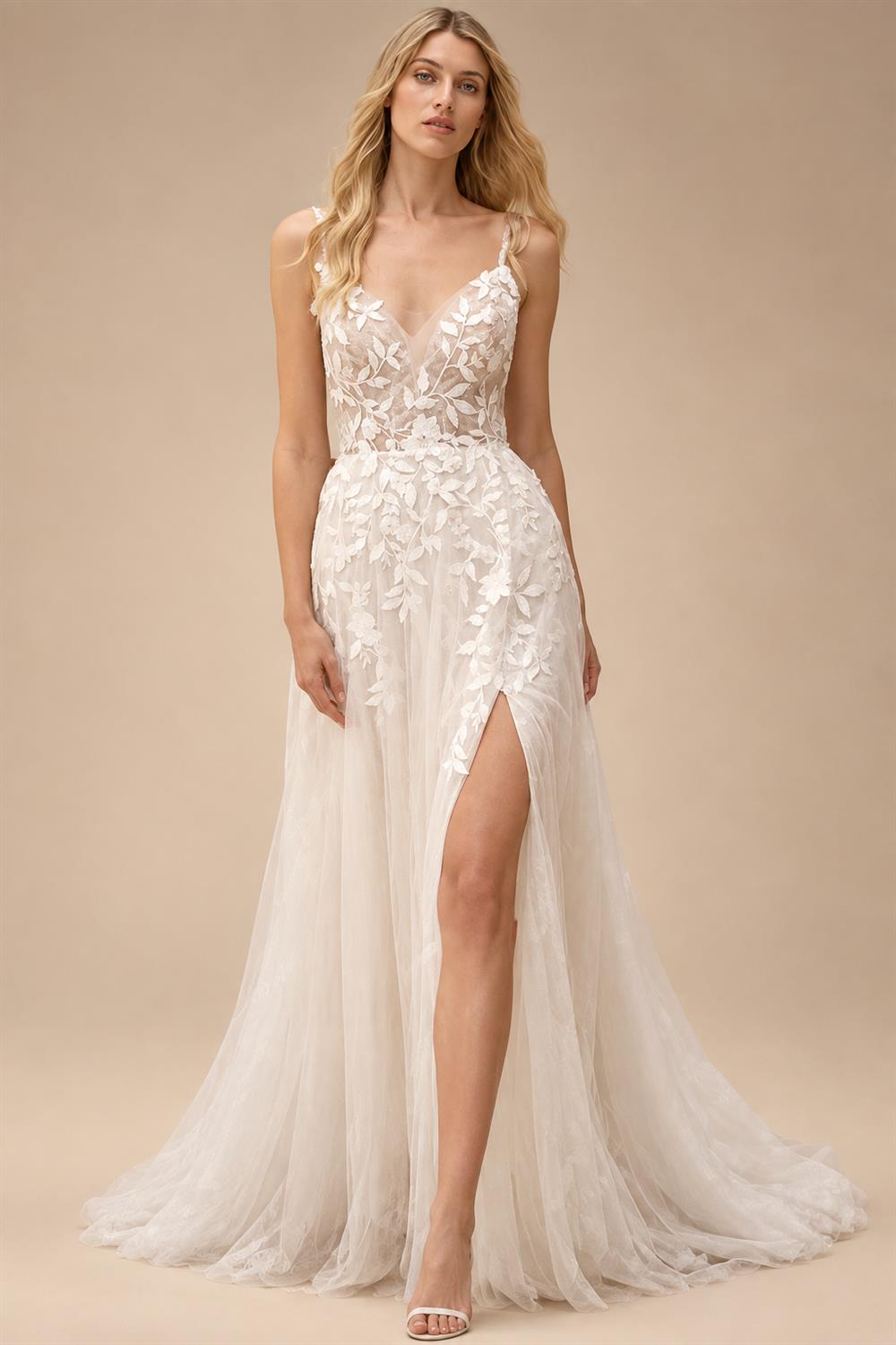 Summer V Neck Lace Appliques Wedding Dress With Side Split Spaghetti Straps