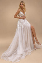 Summer V Neck Lace Appliques Wedding Dress With Side Split Spaghetti Straps