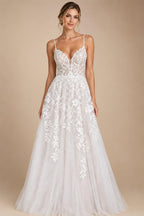 Summer V Neck Lace Appliques Wedding Dress With Side Split Spaghetti Straps