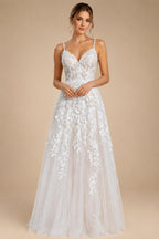 Summer V Neck Lace Appliques Wedding Dress With Side Split Spaghetti Straps