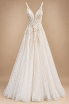 Boho A Line Tulle Sexy Beach Wedding Dress Illusion Appliques Open Back Gown