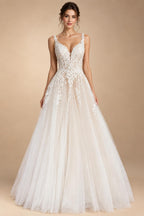 Boho A Line Tulle Sexy Beach Wedding Dress Illusion Appliques Open Back Gown