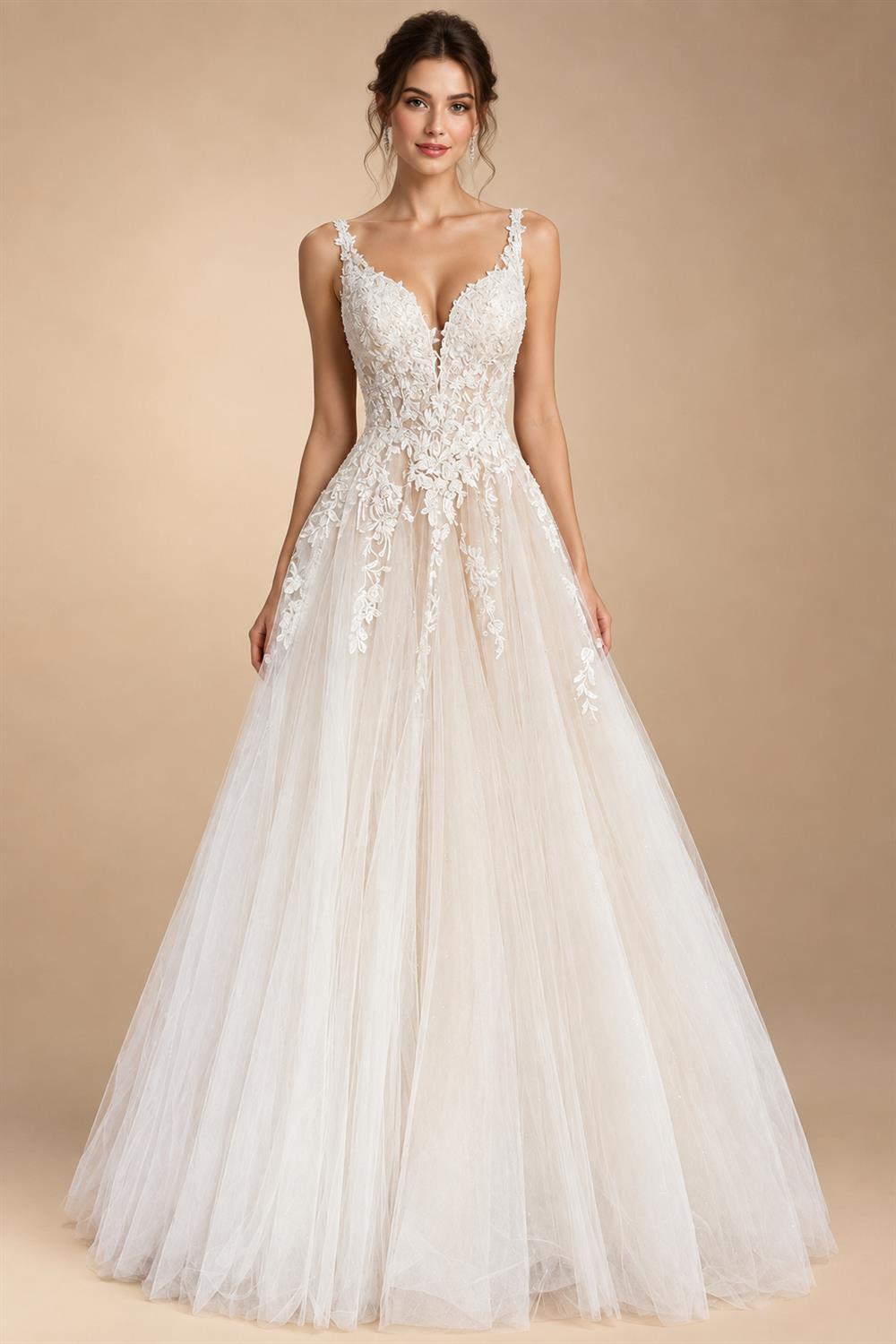 Boho A Line Tulle Sexy Beach Wedding Dress Illusion Appliques Open Back Gown