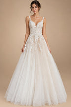 Boho A Line Tulle Sexy Beach Wedding Dress Illusion Appliques Open Back Gown