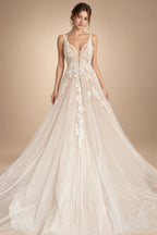 Boho A Line Tulle Sexy Beach Wedding Dress Illusion Appliques Open Back Gown