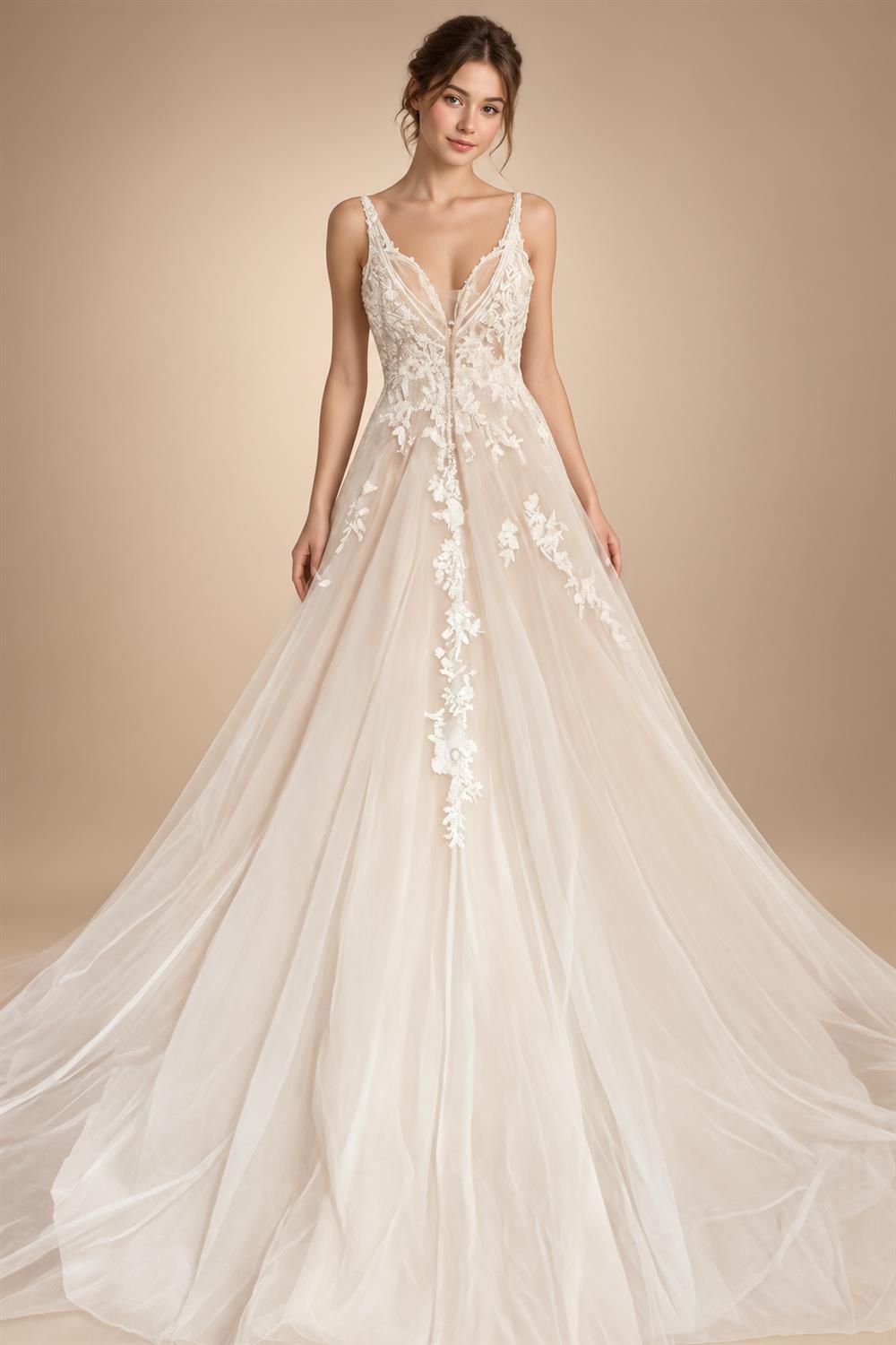 Boho A Line Tulle Sexy Beach Wedding Dress Illusion Appliques Open Back Gown