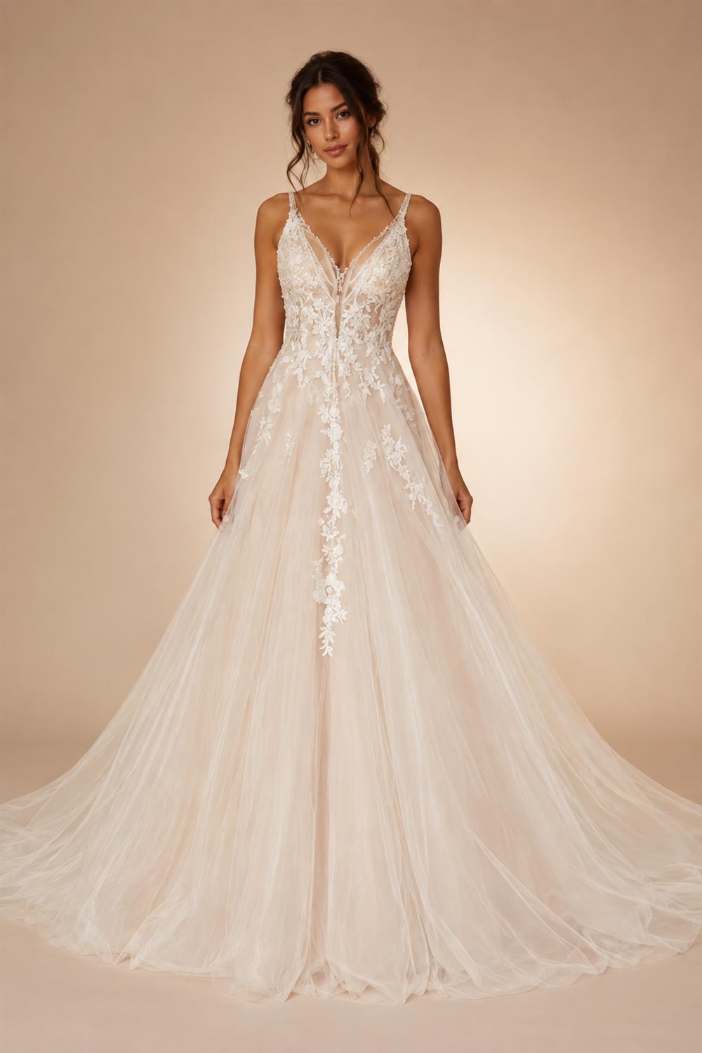 Boho A Line Tulle Sexy Beach Wedding Dress Illusion Appliques Open Back Gown