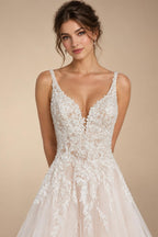 Boho A Line Tulle Sexy Beach Wedding Dress Illusion Appliques Open Back Gown