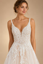 Boho A Line Tulle Sexy Beach Wedding Dress Illusion Appliques Open Back Gown