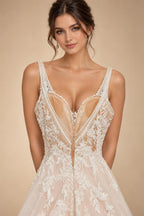 Boho A Line Tulle Sexy Beach Wedding Dress Illusion Appliques Open Back Gown