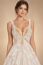 Boho A Line Tulle Sexy Beach Wedding Dress Illusion Appliques Open Back Gown