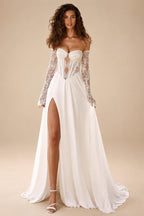 Custom Chiffon Sweetheart Wedding Dress Long Sleeves Illusion Lace Bridal Gown