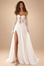 Custom Chiffon Sweetheart Wedding Dress Long Sleeves Illusion Lace Bridal Gown