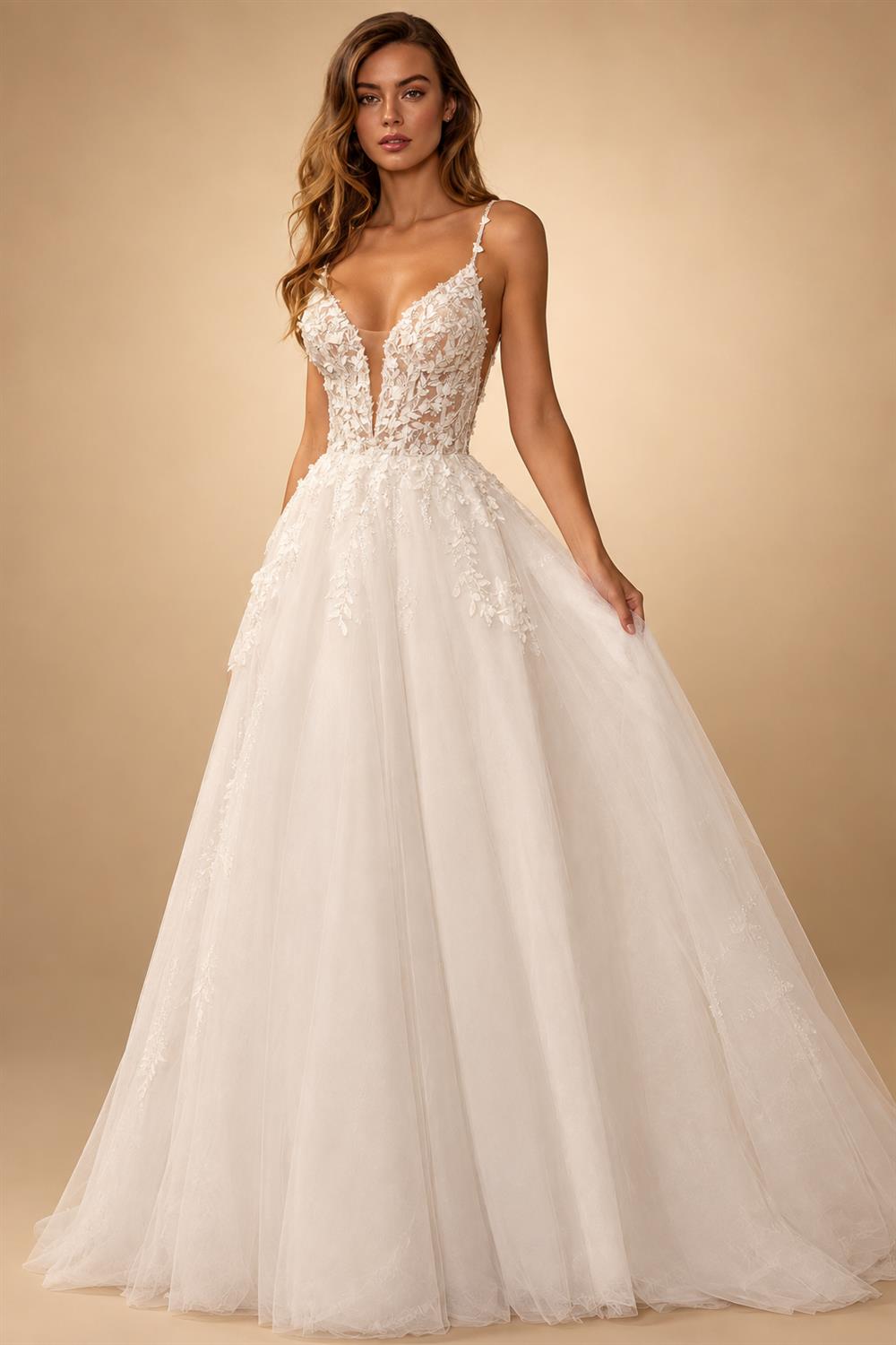 Custom Beach Wedding Dress With Beaded Lace And V Neck Spaghetti Straps