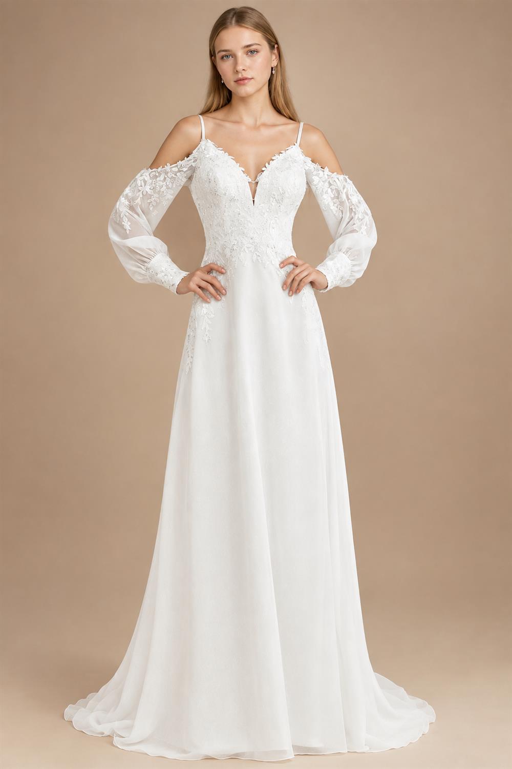 Custom Illusion Off White Bridal Gown Off Shoulder Long Sleeve Wedding Dress