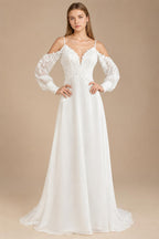 Custom Illusion Off White Bridal Gown Off Shoulder Long Sleeve Wedding Dress