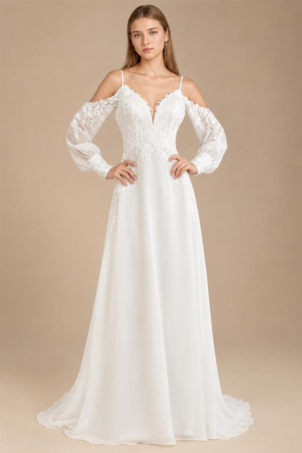 Custom Illusion Off White Bridal Gown Off Shoulder Long Sleeve Wedding Dress