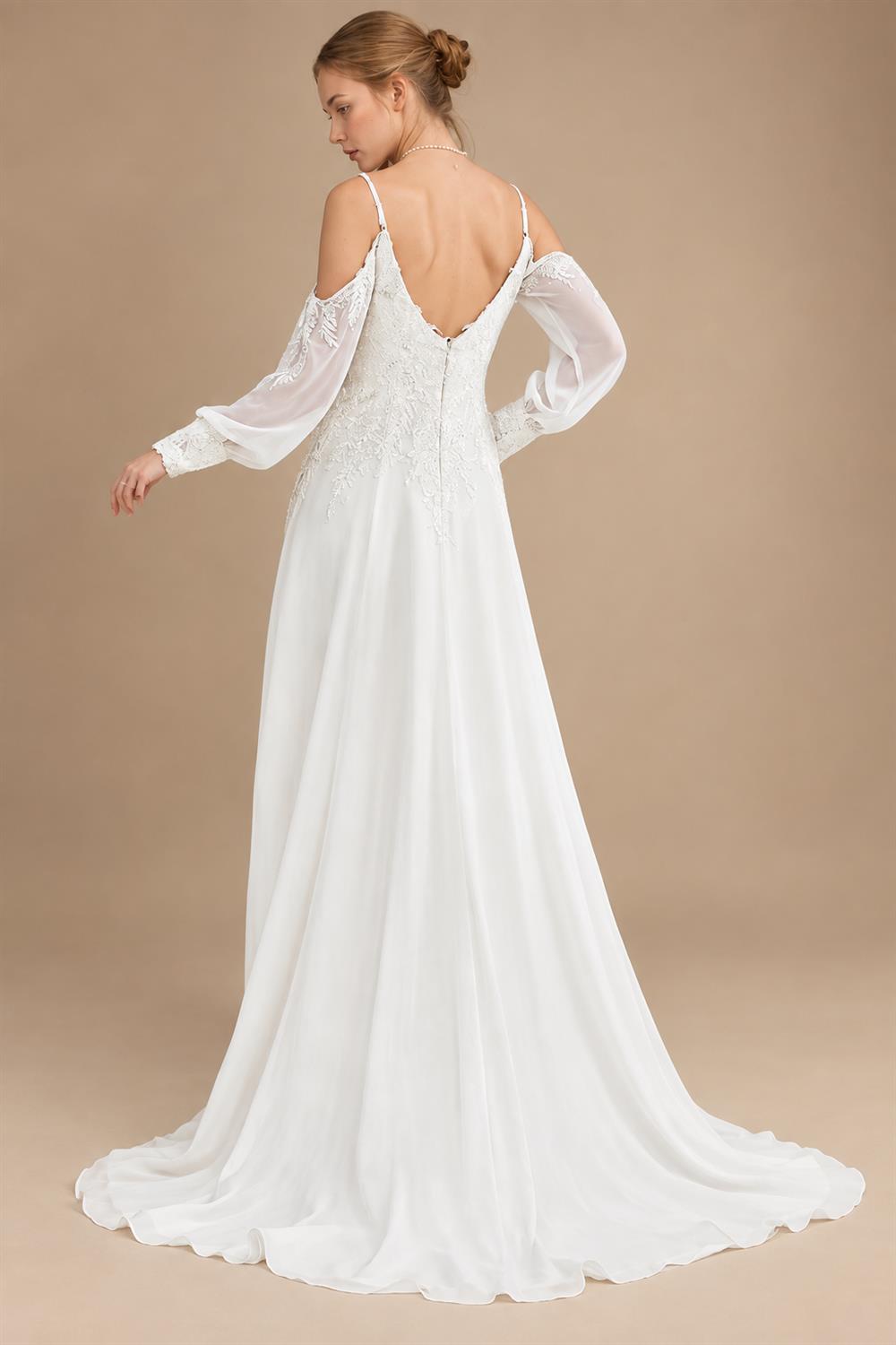 Custom Illusion Off White Bridal Gown Off Shoulder Long Sleeve Wedding Dress