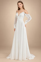 Custom Illusion Off White Bridal Gown Off Shoulder Long Sleeve Wedding Dress